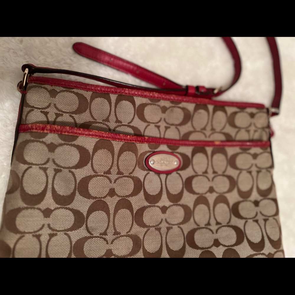 Coach Brown Signature Canvas Crossbody with Red Trim - Picture 3 of 6